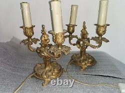 Ancien paire bougeoir bout de table bronze doré Louis XV Napoleon III candelabre