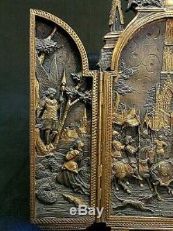 Ancien triptyque bronze doré I. BLOCH fleurs de lys St Louis Jeanne d'Arc XIXe