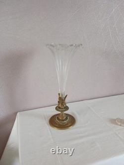 Ancien vase Cornet Tulipier bronze et cristal Napoléon III Decor Floral XIXème