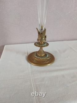 Ancien vase Cornet Tulipier bronze et cristal Napoléon III Decor Floral XIXème
