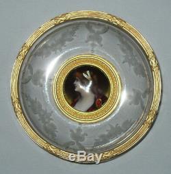 Ancien vide poche en cristal gravé & bronze doré Miniature email de limoges 1900