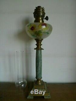 Ancienne Grande Lampe A Petrole Verre Emaille Marbre Debut XX Siecle