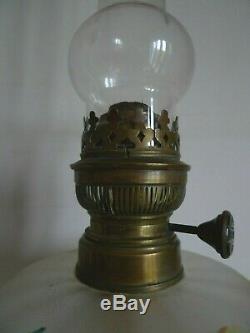 Ancienne Grande Lampe A Petrole Verre Emaille Marbre Debut XX Siecle