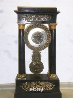 Ancienne Grande Pendule Portique Colones Napoleon III Bois Chene Bronze