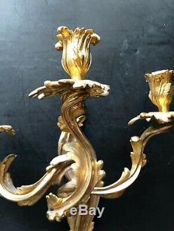 Ancienne Paire D'appliques En Bronze Doré Style Louis XV Rocaille Napoleon III