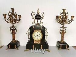 Ancienne Pendule Horloge mécanique MARTI Bronze Marbre Napoléon III Candélabres