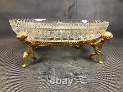 Ancienne belle coupe de table en cristal ciselé et angelots bronze dorés Empire