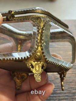 Ancienne boîte à bijoux en verre biseauté et bronze Style Napoléon III