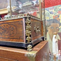 Ancienne grande jardiniere XIXe marqueterie bois de rose et bronze napoleon III