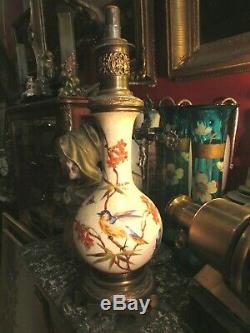 Ancienne lampe a petrole variateur XIXe faience peinte et bronze Napoleon III