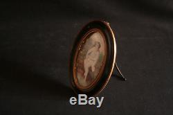 Ancienne miniature sur papier femme à l'antique cadre bois noirci bronze XIX ème