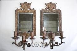 Ancienne paire d'appliques miroirs bronze Napoléon III, satyre, angelot, 46.5cm