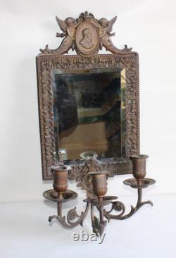 Ancienne paire d'appliques miroirs bronze Napoléon III, satyre, angelot, 46.5cm