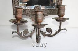 Ancienne paire d'appliques miroirs bronze Napoléon III, satyre, angelot, 46.5cm