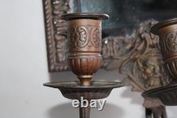 Ancienne paire d'appliques miroirs bronze Napoléon III, satyre, angelot, 46.5cm