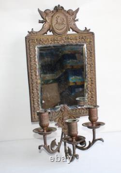 Ancienne paire d'appliques miroirs bronze Napoléon III, satyre, angelot, 46.5cm