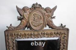 Ancienne paire d'appliques miroirs bronze Napoléon III, satyre, angelot, 46.5cm