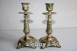 Ancienne paire de bougeoirs en bronze, Napoléon III, tête de faune, h 20 cm