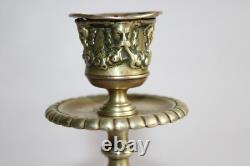 Ancienne paire de bougeoirs en bronze, Napoléon III, tête de faune, h 20 cm