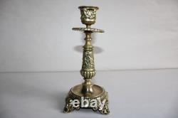 Ancienne paire de bougeoirs en bronze, Napoléon III, tête de faune, h 20 cm