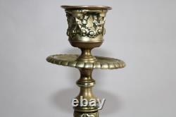 Ancienne paire de bougeoirs en bronze, Napoléon III, tête de faune, h 20 cm