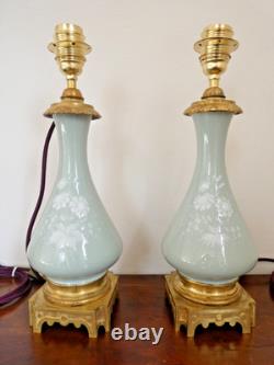 Ancienne paire de pieds de lampe à pétrole bronze céramique Céladon Napoléon III