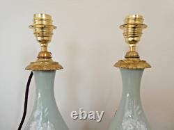 Ancienne paire de pieds de lampe à pétrole bronze céramique Céladon Napoléon III