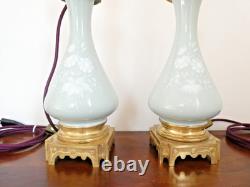Ancienne paire de pieds de lampe à pétrole bronze céramique Céladon Napoléon III
