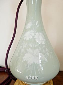 Ancienne paire de pieds de lampe à pétrole bronze céramique Céladon Napoléon III