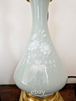 Ancienne paire de pieds de lampe à pétrole bronze céramique Céladon Napoléon III