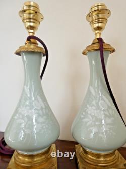 Ancienne paire de pieds de lampe à pétrole bronze céramique Céladon Napoléon III