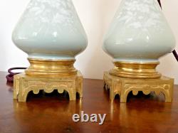 Ancienne paire de pieds de lampe à pétrole bronze céramique Céladon Napoléon III
