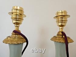Ancienne paire de pieds de lampe à pétrole bronze céramique Céladon Napoléon III