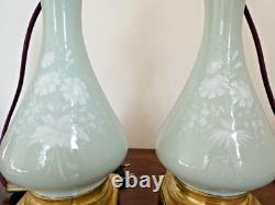 Ancienne paire de pieds de lampe à pétrole bronze céramique Céladon Napoléon III