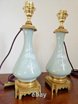 Ancienne paire de pieds de lampe à pétrole bronze céramique Céladon Napoléon III