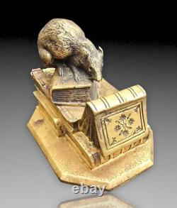 Anquetil Boite A Timbres Bronze Dore Decor De Souris+livres Xixème