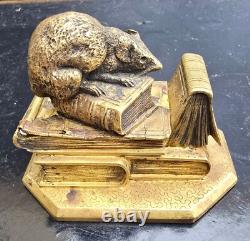 Anquetil Boite A Timbres Bronze Dore Decor De Souris+livres Xixème