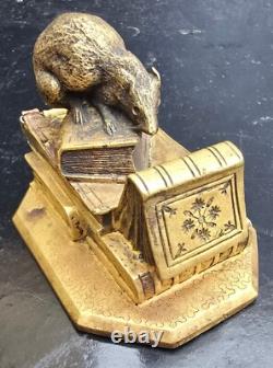 Anquetil Boite A Timbres Bronze Dore Decor De Souris+livres Xixème