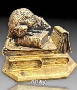 Anquetil Boite A Timbres Bronze Dore Decor De Souris+livres Xixème
