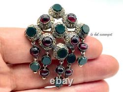 Antique French 19th century silver and gold brooch with garnets & jasper dangles