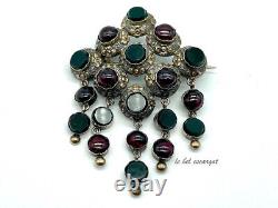 Antique French 19th century silver and gold brooch with garnets & jasper dangles