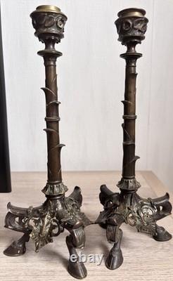 Antique Paire Bougeoir Bronze Napoléon 3 Art Nouveau Signé A. Delafontaine