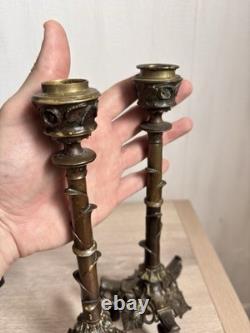 Antique Paire Bougeoir Bronze Napoléon 3 Art Nouveau Signé A. Delafontaine