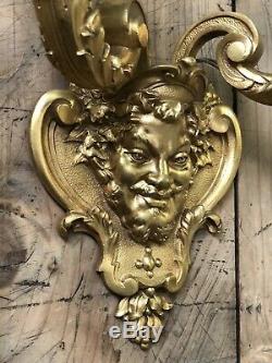 Applique Tête Bachus Dionysos Bronze Doré Napoléon III Ancien Louis XV Lampe