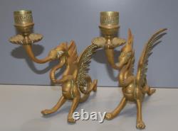 -BELLE PAIRE de BOUGEOIRS DRAGONS AILES BRONZE NAPOLEON III NIII déco Bougie D