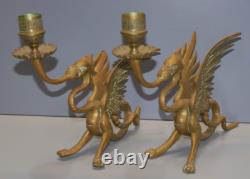 -BELLE PAIRE de BOUGEOIRS DRAGONS AILES BRONZE NAPOLEON III NIII déco Bougie D