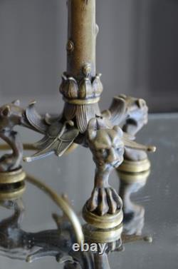Barbedienne-cahieux Pied De Lampe En Bronze Aux Tetes De Lionnes Napoleon III