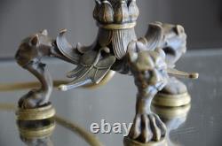 Barbedienne-cahieux Pied De Lampe En Bronze Aux Tetes De Lionnes Napoleon III