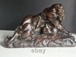 Barye Antoine-louis Bronze Patine Brune Chocolat Tigre Jaguar Et Gazelle XIX