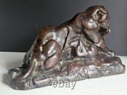 Barye Antoine-louis Bronze Patine Brune Chocolat Tigre Jaguar Et Gazelle XIX